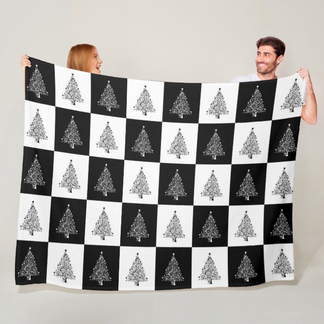 Modern Black & White Squares With Christmas Trees Fleece Blanket (In Situ)