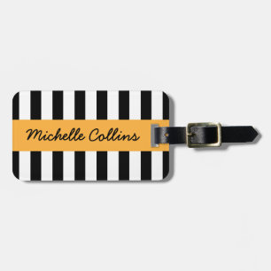Modern black white stripe orange personalised name luggage tag