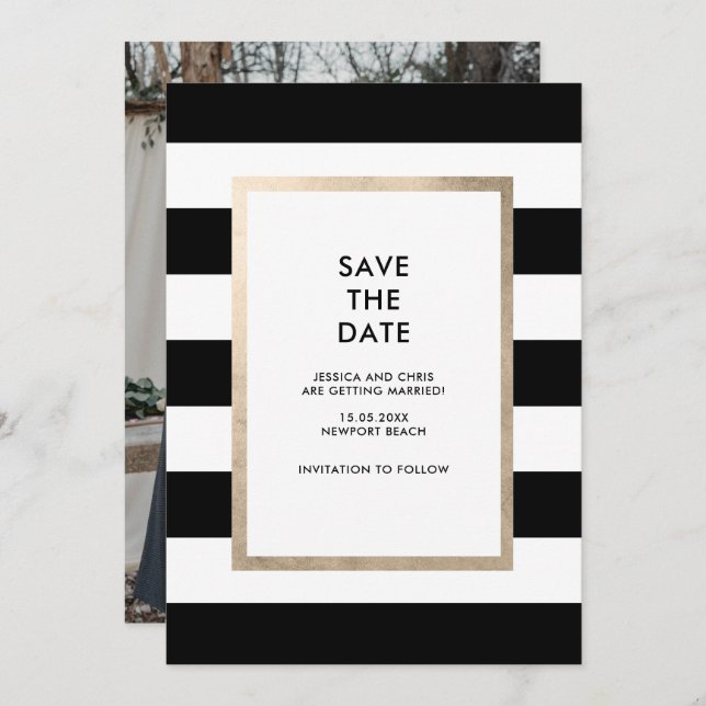 Modern Black White Stripe Rose Gold Foil Photo Invitation (Front/Back)