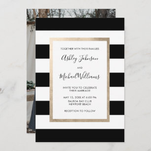 Modern Black White Stripe Script Rose Gold Photo Invitation