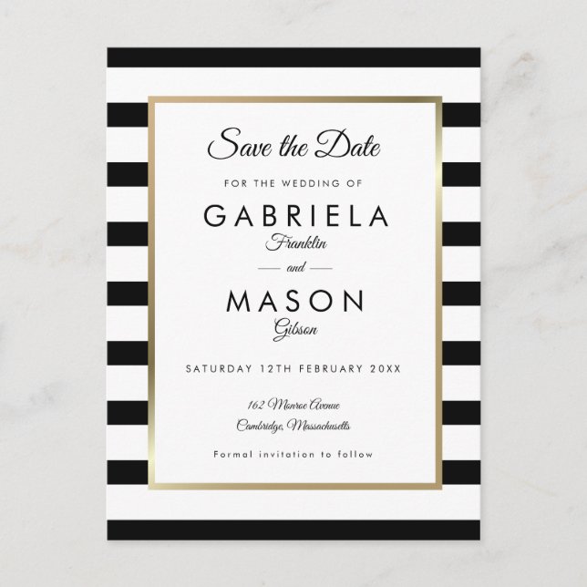 Modern Black White Stripe Wedding Save the Date Postcard (Front)