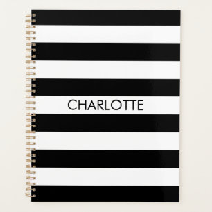 Modern black white striped custom name monogram planner