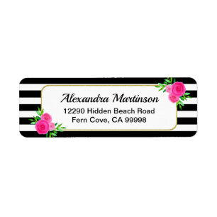 Modern Black White Striped Floral Return Address