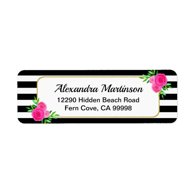 Modern Black White Striped Floral Return Address (Front)