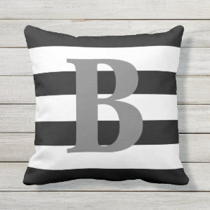 Modern Black White Striped Pattern Grey Monogram Cushion