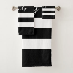 Modern Black White Striped Pattern Name Bath Towel Set