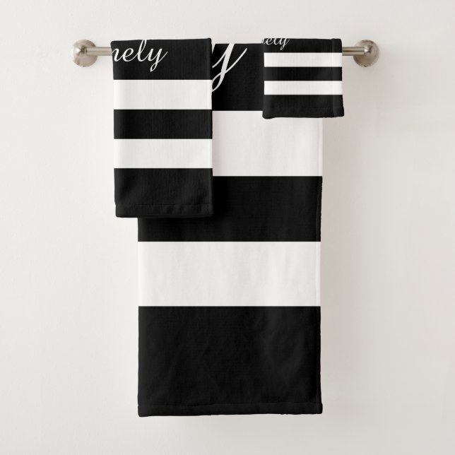  Modern Black White Striped Pattern Name Bath Towel Set (Insitu)