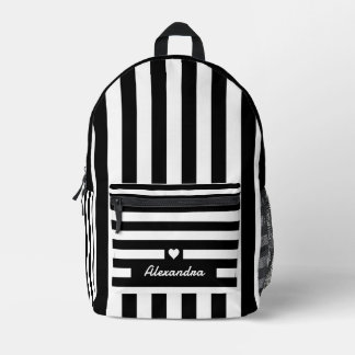 Modern Black White Striped Pattern with Heart Printed Backpack