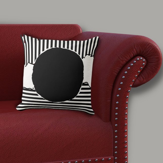 Modern Black & White Stripes Black Dot  Cushion (Modern Black & White Centered Circle Throw Pillow on Red Sofa)