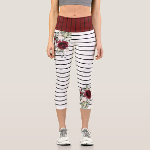 Modern Black White Stripes Burgundy Floral Pattern Capri Leggings