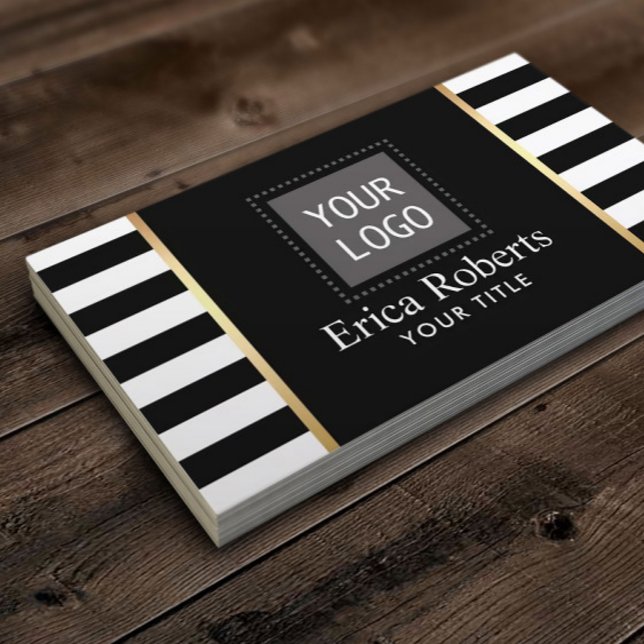 Modern Black & White Stripes Custom Logo Business Card (Creator Uploaded)
