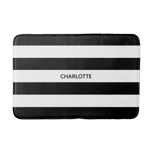 Modern black & white stripes custom name chic bath mat (Front)