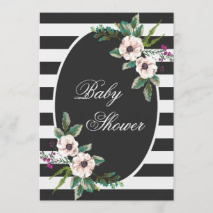 Modern Black White Stripes Floral Baby Shower Invitation