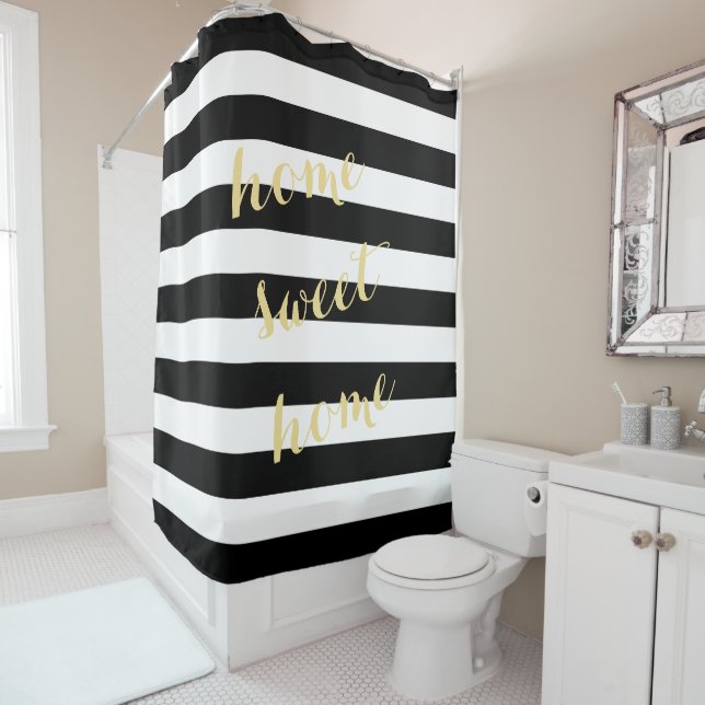 Modern Black White Stripes Gold Custom Quote Chic Shower Curtain (In Situ)