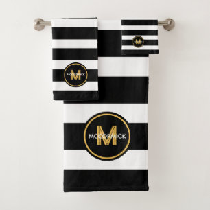 Modern Black White Stripes Gold Family Monogram Bath Towel Set