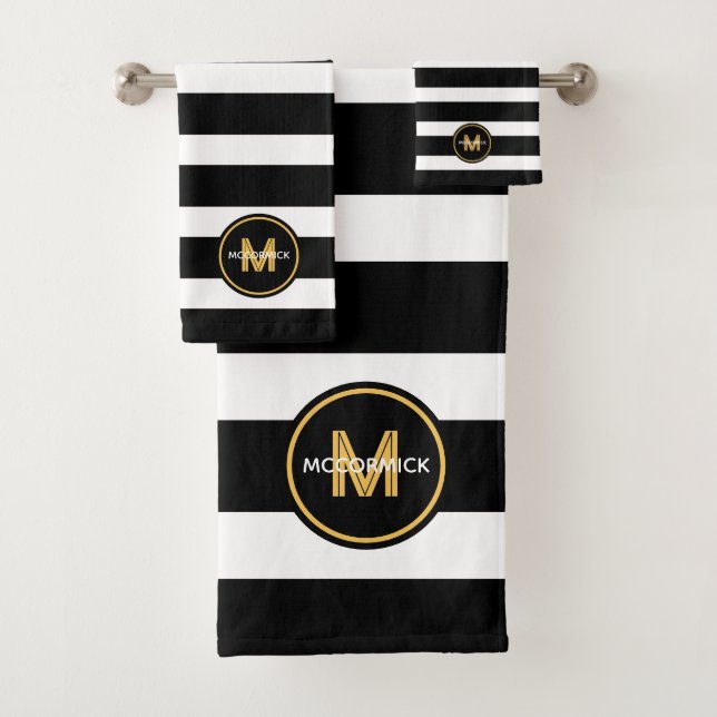 Modern Black White Stripes Gold Family Monogram Bath Towel Set (Insitu)