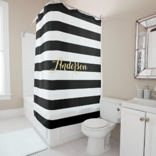 Modern Black White Stripes Gold Family Name Bath Shower Curtain