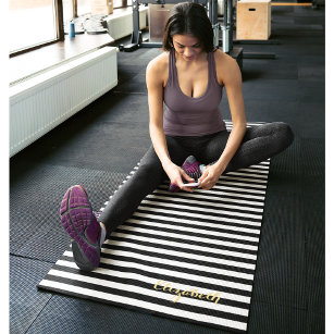 Modern Black White Stripes Gold Monogram Exercise Yoga Mat