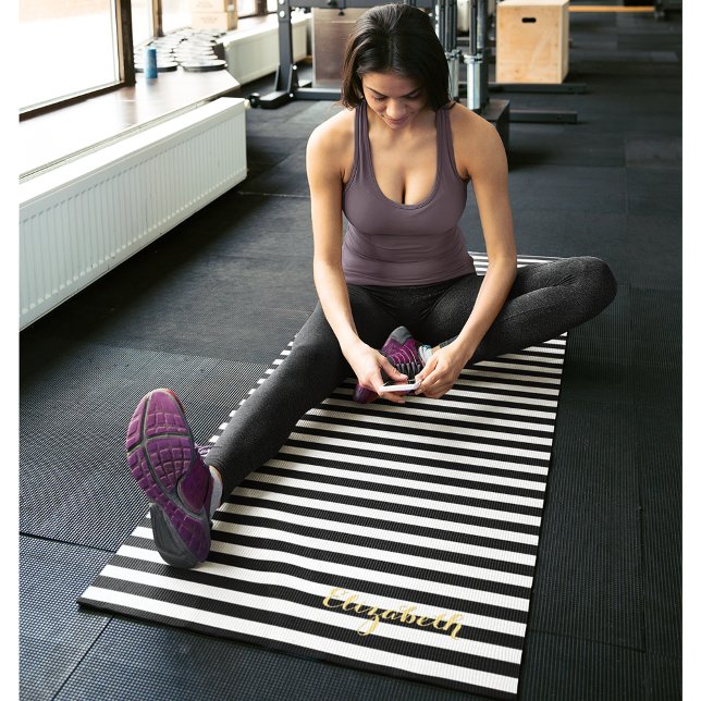 Modern Black White Stripes Gold Monogram Exercise Yoga Mat (Modern Black White Stripes Gold Monogram Exercise Yoga Mat)