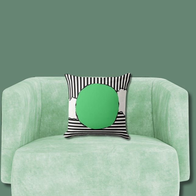 Modern Black & White Stripes Green Dot Cushion (Green Centered Circle Pillow)