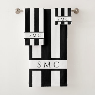 Modern Black White stripes Monogram bathroom Bath Towel Set