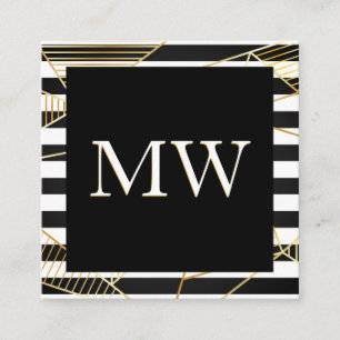 Modern Black White Stripes Monogram Golden Poly Square Business Card