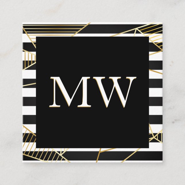 Modern Black White Stripes Monogram | Golden Poly Square Business Card (Front)