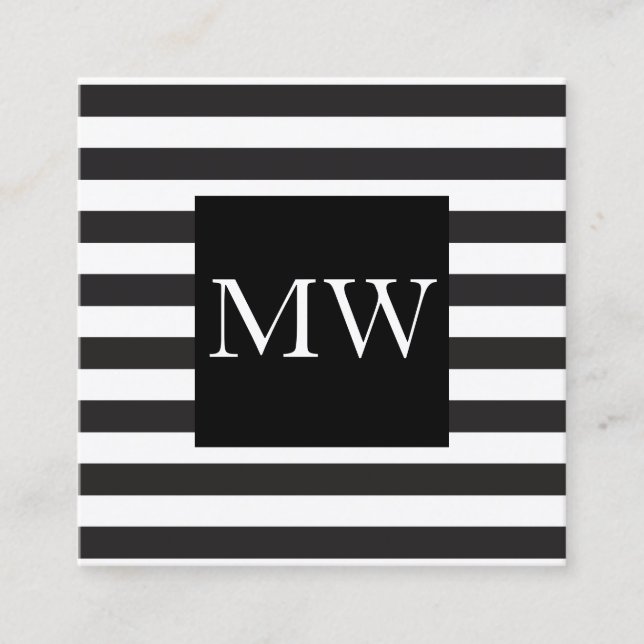 Modern Black White Stripes Monogram Square Business Card (Front)