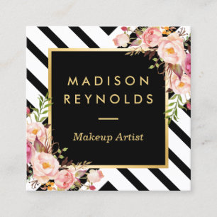 Modern Black White Stripes Pink Floral Gold Frame Square Business Card