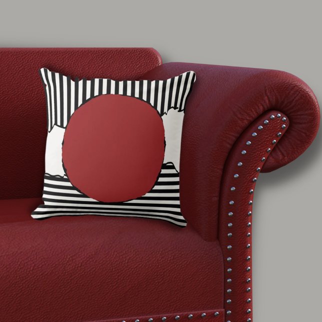 Modern Black & White Stripes Red Dot Cushion (Modern Black & White Centered Red Circle Throw Pillow on Red Sofa)