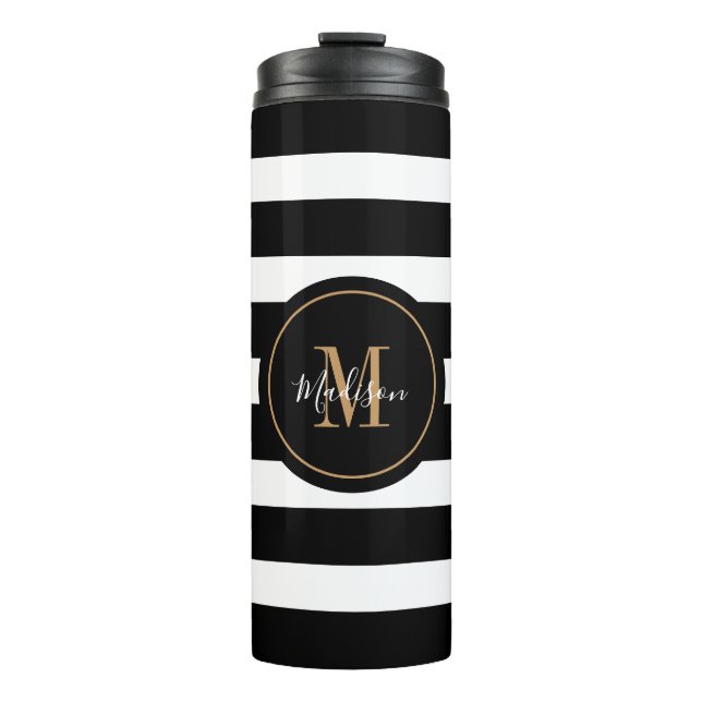 Modern Black White Stripes Script Monogram Name Thermal Tumbler (Front)