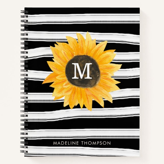 Modern Black White Stripes Sunflower Monogram Notebook (Front)