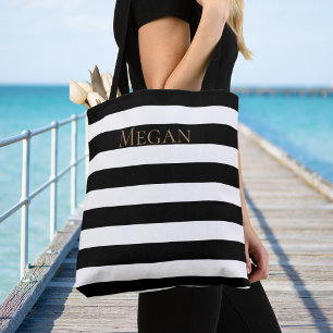 Modern Black & White Stripes with Gold Custom Name Tote Bag