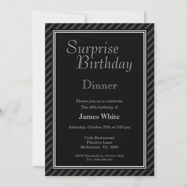 Modern Black & White Surprise 40th Birthday Dinner Invitation (Front)
