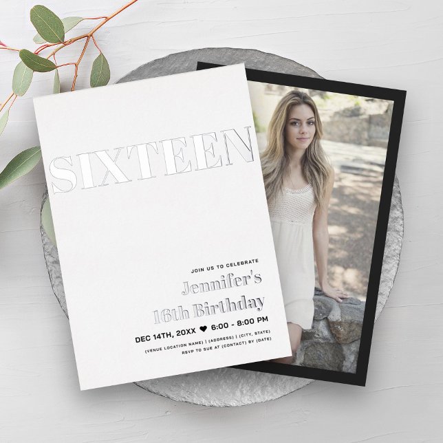 Modern Black & White Sweet 16 Typography  (Modern Black & White Sweet 16 Typography Foil Invitation)