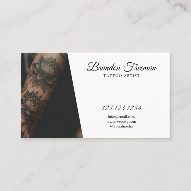 Modern Black & White Tattooed Arm Tattoo Artist  Business Card (Front)