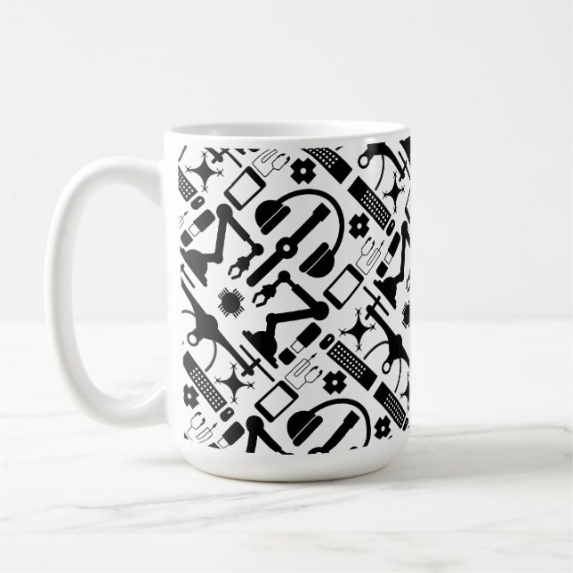 Modern Black & White Technology Objects Pattern Coffee Mug (Left)