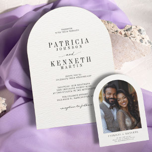 Modern Black & White Textured Arch Wedding Photo Invitation