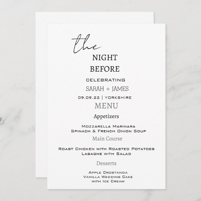 Modern Black & White The Night Before Wedding  Menu (Front/Back)