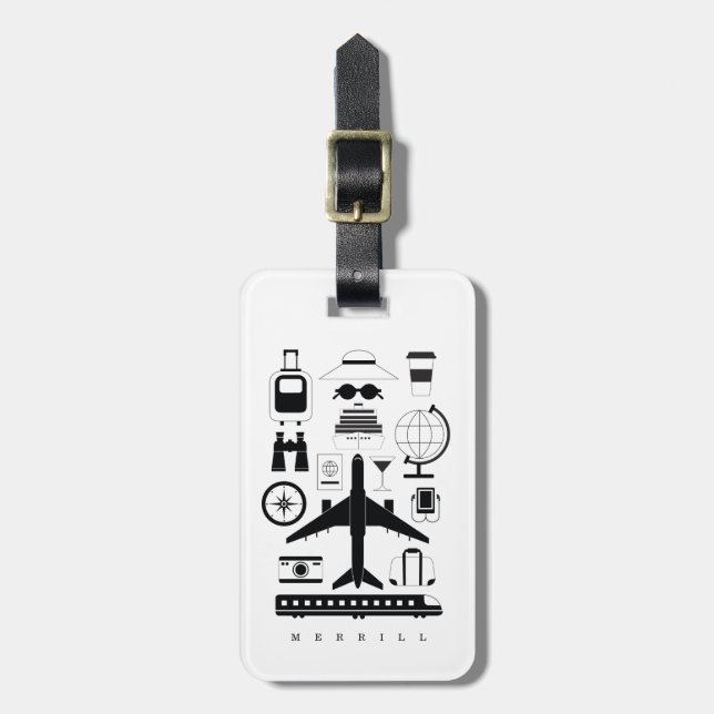 Modern Black & White Travel Objects Pattern Luggage Tag (Front Vertical)