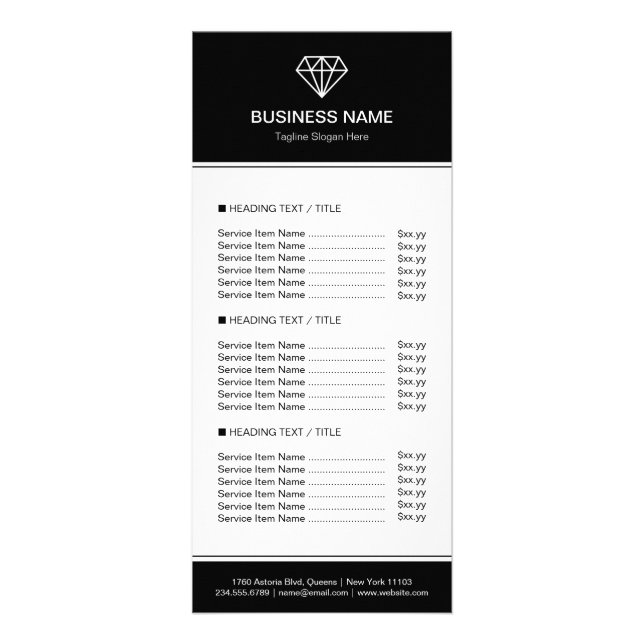 Modern Black White Trendy Diamond Logo Price List Rack Card (Front)