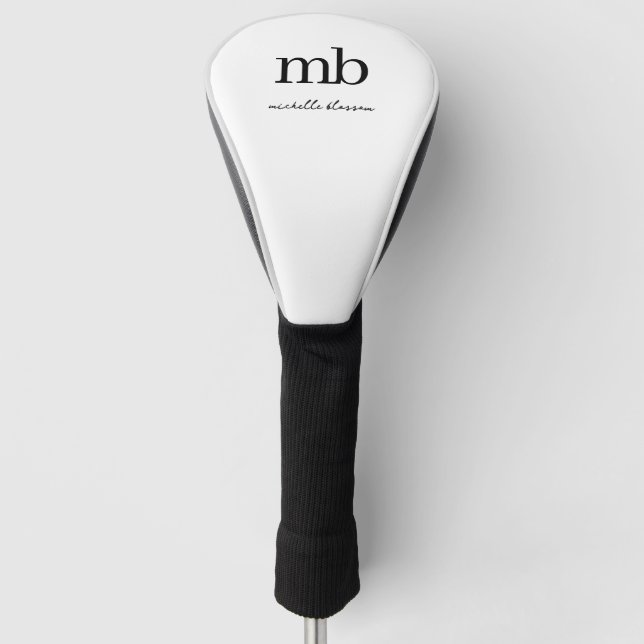 Modern Black White Trendy Script Initial Monogram Golf Head Cover (Front)