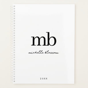 Modern Black White Trendy Script Initial Monogram Planner