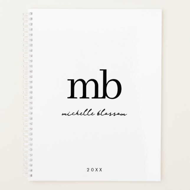 Modern Black White Trendy Script Initial Monogram Planner (Front)
