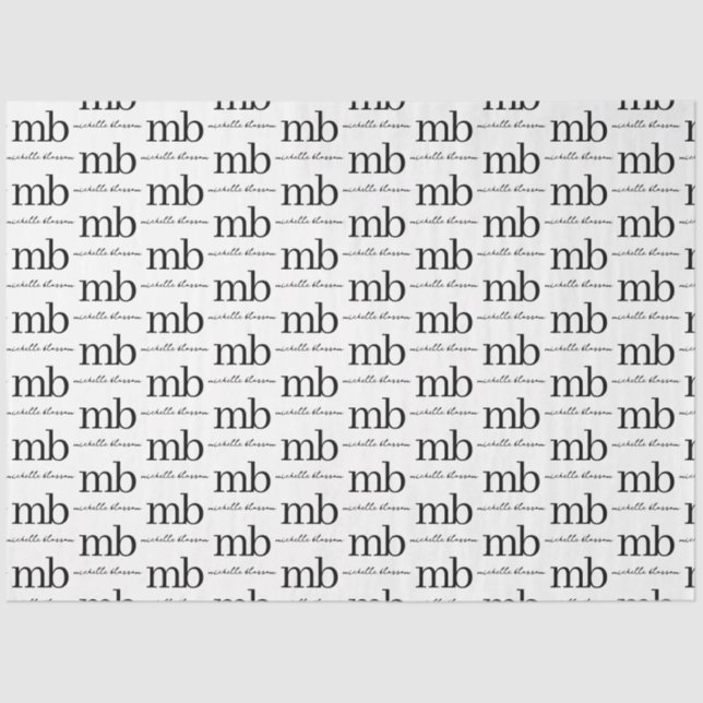 Modern Black White Trendy Script Initial Monogram Tissue Paper (Front)