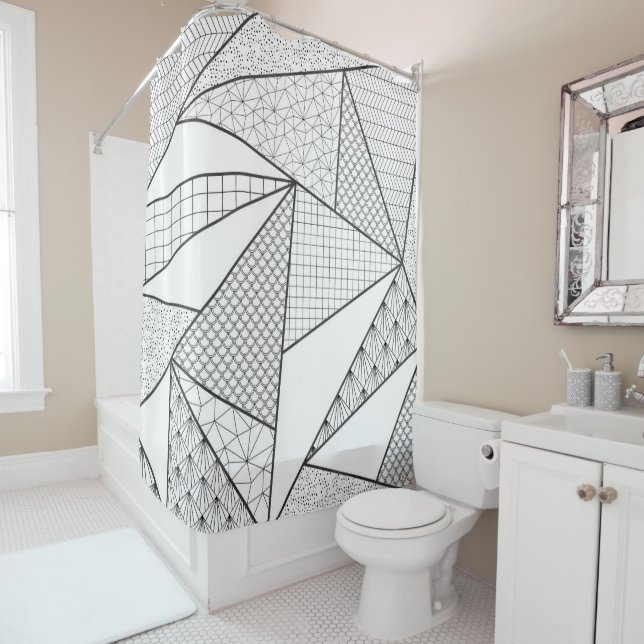 Modern Black White Triangles Geometric Pattern Shower Curtain (In Situ)