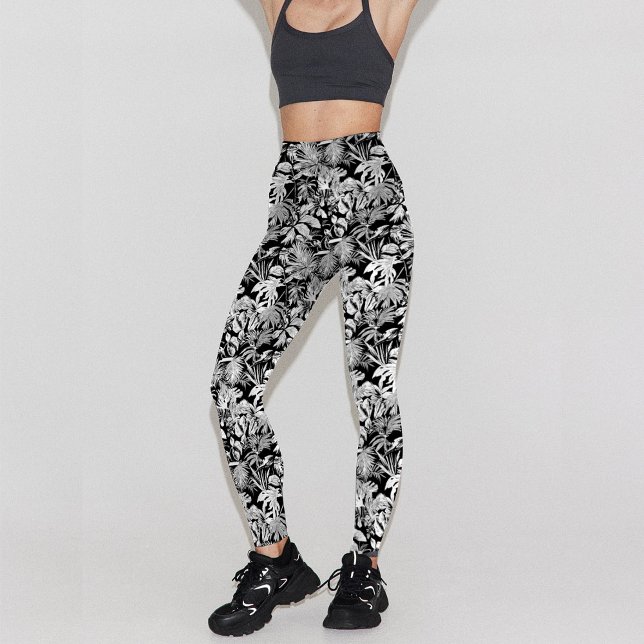Modern Black White Tropical Leaf Pattern Design Leggings (Modern leggings design with tropical leaf pattern in black and white, unique design for active lady )