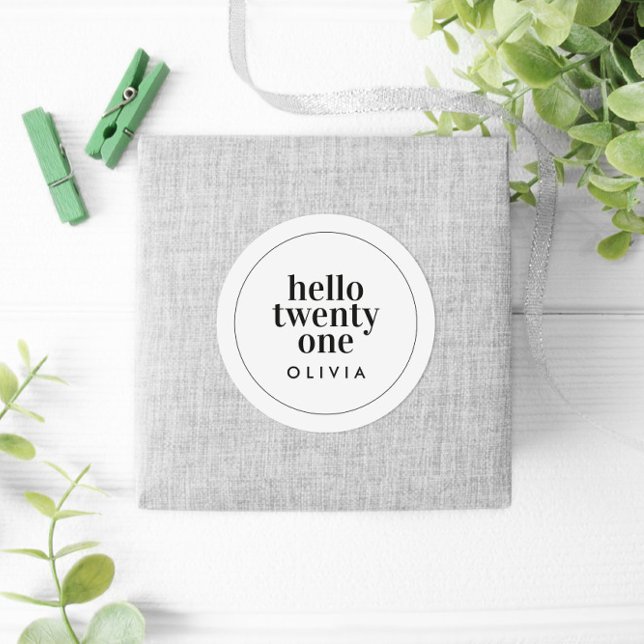 Modern black white typography 21 photo birthday classic round sticker (Creator Uploaded)
