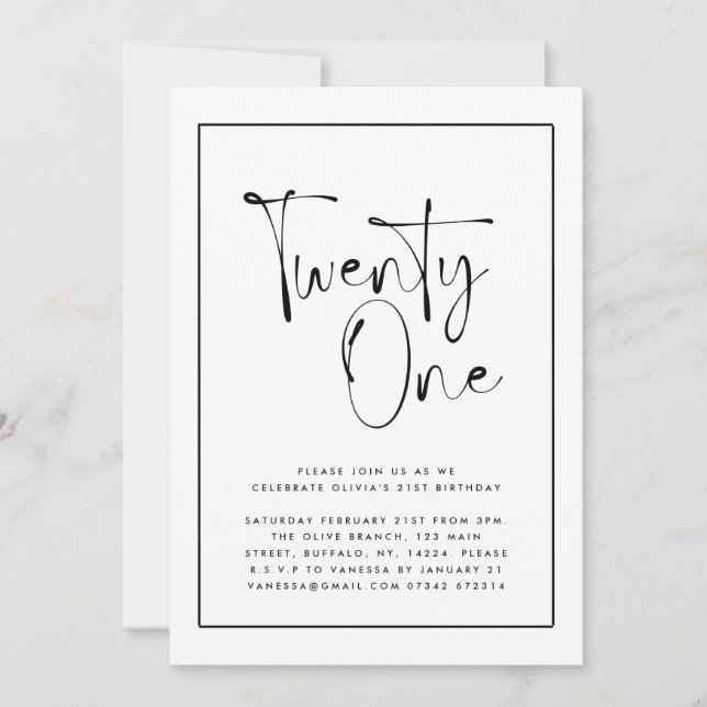 Modern black white typography 21 photo birthday invitation (Front)
