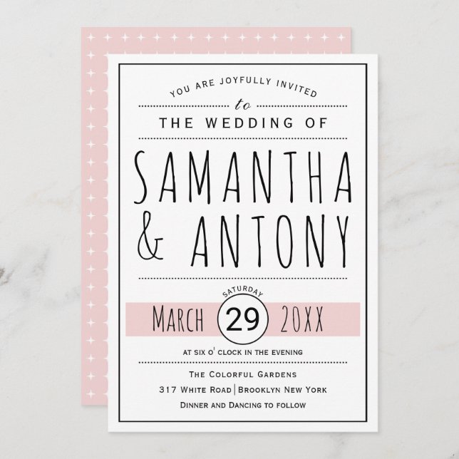 Modern black, white typography blush pink wedding invitation (Front/Back)